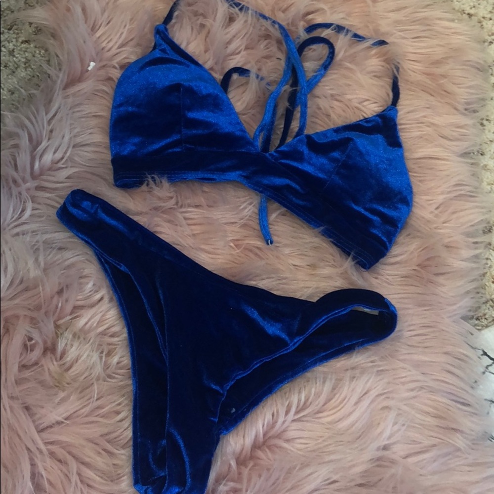 Blue velvet cross top bikini